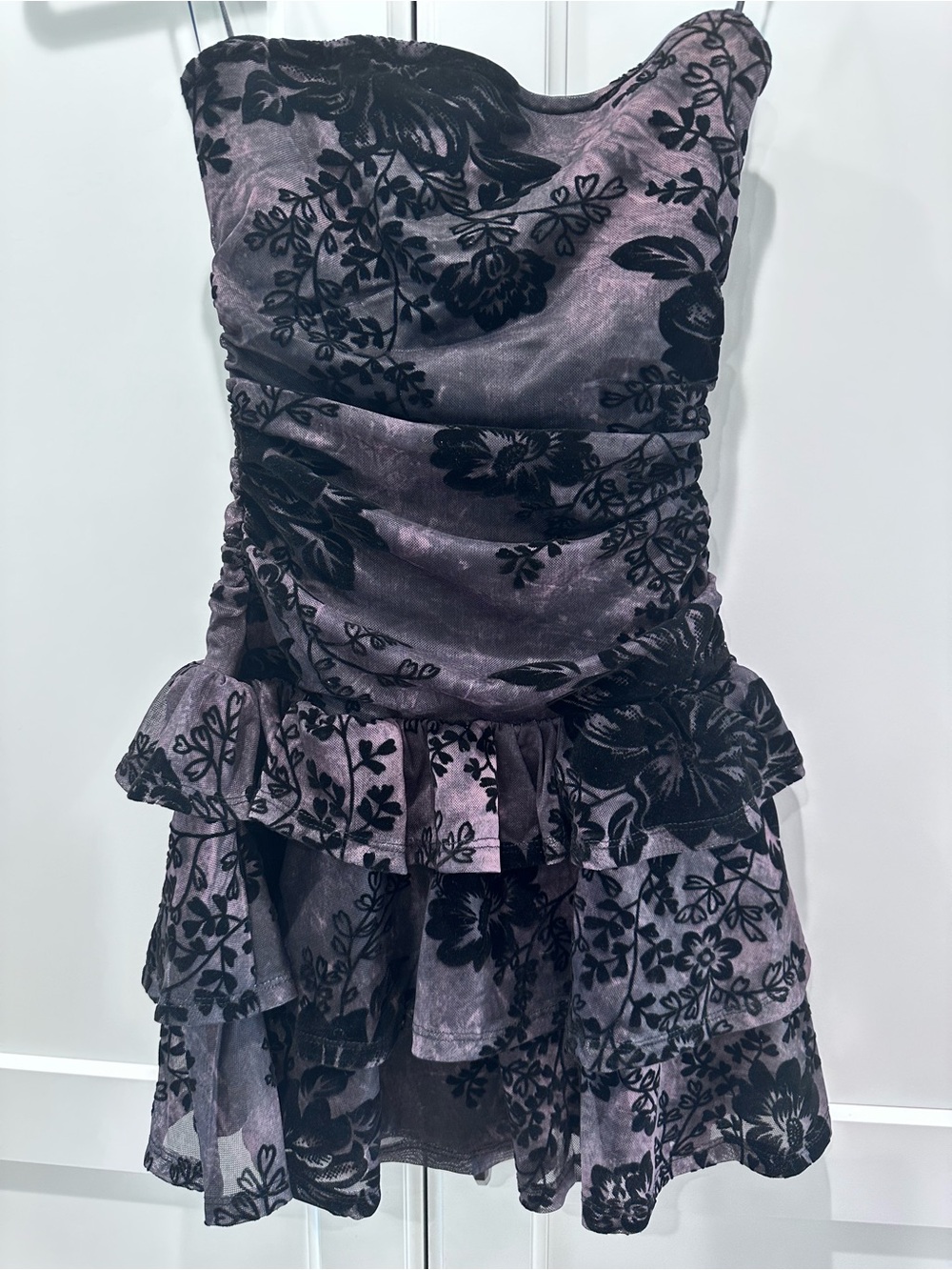 Windsor Strapless Floral Velvet Ruffle Mini Dress - Black